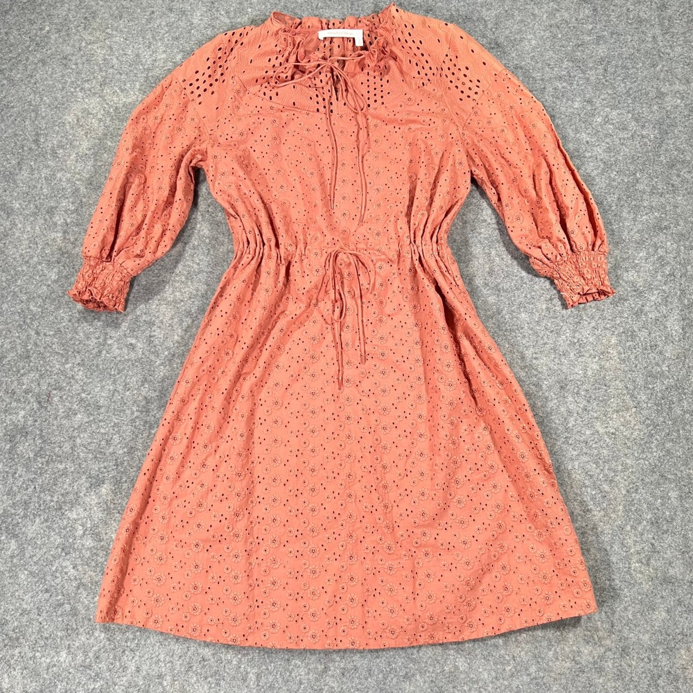 See By Chloe Dress Womens 36 Pink Eyelet Cotton Ruffle Neck Long Sleeve Boho
